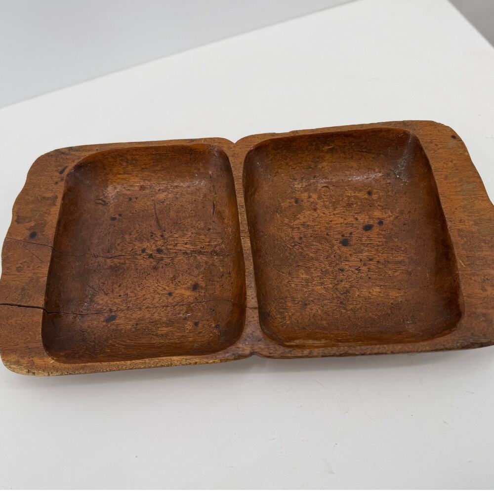 Hand Carved Wood Divided Bowl Rustic Primitive Farmhouse Catch All Tray
